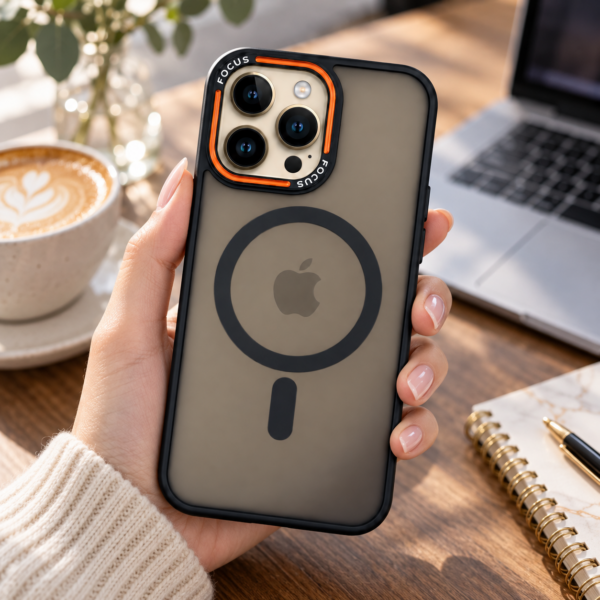 iPhone 14 Pro Max Uyumlu Füme Şeffaf Kılıf – Turuncu Detaylı